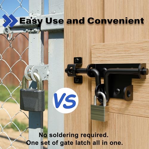 Black Slide Bolt Gate Latch - Dual Mode Installation Design | Heavy Duty Gate Latches with Padlock Hole for Wooden/Vinyl Fence & Barn Doors, 4 Pack