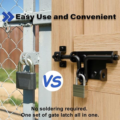 Black Slide Bolt Gate Latch - Dual Mode Installation Design | Heavy Duty Gate Latches with Padlock Hole for Wooden/Vinyl Fence & Barn Doors, 4 Pack