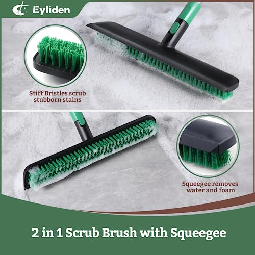 Eyliden Floor Scrub Brush, 15-inch Wide, 55" Long Handle Deck Brush | 2-in-1 Stiff Bristles and Rubber Squeegee, 45° Angle Head, Telescoping Handle, for Bathroom Shower Kitchen Patio Garage