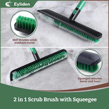 Eyliden Floor Scrub Brush, 15-inch Wide, 55" Long Handle Deck Brush | 2-in-1 Stiff Bristles and Rubber Squeegee, 45° Angle Head, Telescoping Handle, for Bathroom Shower Kitchen Patio Garage
