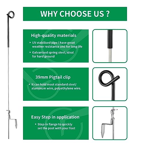 Fence Shock 30 Pack 41 Inches Systems Pig Tail Step-in Fence Post, Portable Stainless Steel Single Rope Poles/Stakes for Electric Fence, Garden, Farm, Flower Beds, Walkways, Fountains - Black - color: Black