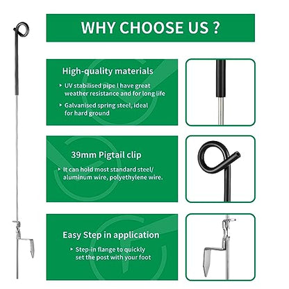 Fence Shock 30 Pack 41 Inches Systems Pig Tail Step-in Fence Post, Portable Stainless Steel Single Rope Poles/Stakes for Electric Fence, Garden, Farm, Flower Beds, Walkways, Fountains - Black - color: Black