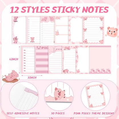 Dispowreath 24 Pcs Piggy Sticky Notes with Pens Pink Pig Themed Christmas Gifts Self Adhesive Notepad Cute Memo Notes Pads Black Ink Ballpoint Pen for Pig Lover Gifts Office School Students Teacher - style: Pig