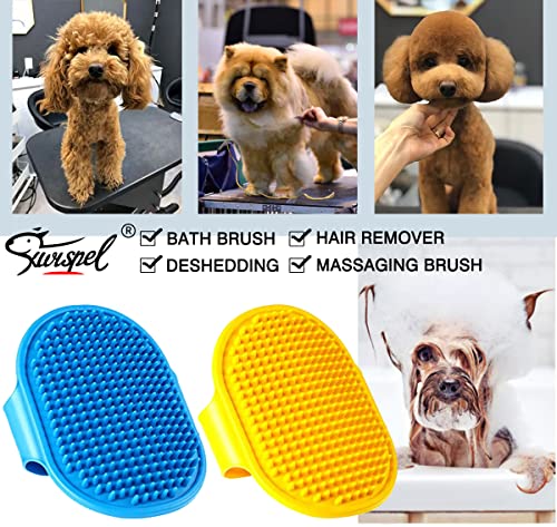 Dog Grooming Brush, Pet Shampoo Bath Brush Shedding Soothing Massage Rubber Comb with Adjustable Ring Handle for Long Short Haired Dogs and Cats 2pcs - color: Blue & Yellow