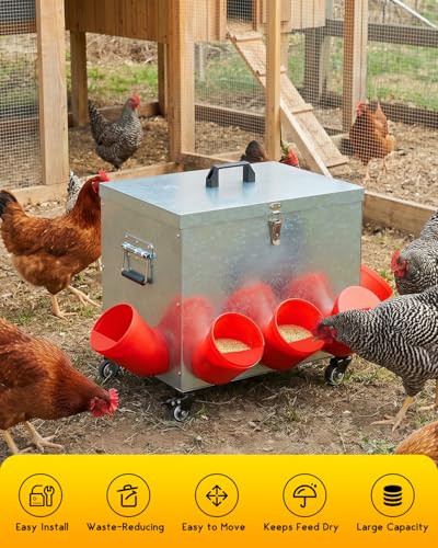 Magicfly 40 lbs Chicken Feeder No Waste, Large Metal Automatic Chicken Feeder Box, 8 Bell-Mouth Feeding Port, with Handle and Wheels, Rat Proof Chick Feeder for Chickens, Ducks & Geese - size: 40 lb