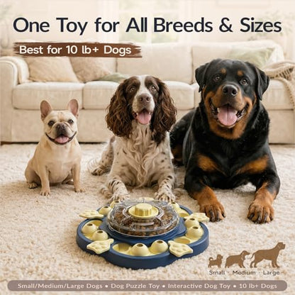 KADTC Dog Puzzle Toy, 3 Levels of Step-by-Step Challenge, Spin to Release Treat Dispenser, Slow Feeder & Mental Stimulation Enrichment Toy for Small Medium Large Dogs - color: Sunflower Blue