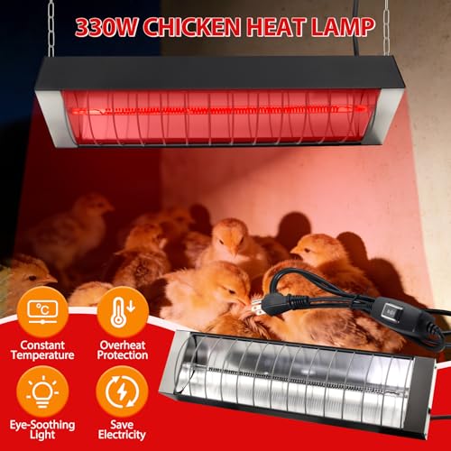 Dual Watt Heat Lamp for Chickens - Chicken Coop Heater with Carbon Fiber Bulb,2 Temperature Adjustable (165/330W),Hanging Heat Lamp for Chicks,Pets and Poultry