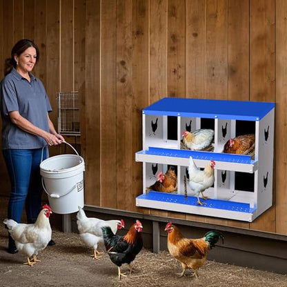 6 Compartment Chicken Nesting Box, Galvanized Steel Metal Laying Box with Removable Tray Roll-Out Egg Collection, Wall Mount Hen Roosting Box, Easy Egg Collection - color: Blue, size: 6 holes