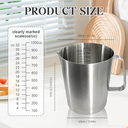 Stainless Steel Measuring Cups, 1000ml 32oz Metal Measuring Cup with Handle, Dual Scale Marking (ML & OZ), Large Mouth Easy Pour, Dishwasher & Freezer Safe for Baking, Cooking, Liquid Measurement - size: 1000ml (32oz)
