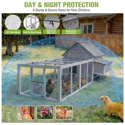 GUTINNEEN 119" Large Chicken Coop with Run, 35.4ft² Overall Space for 4-6 Chickens, Outdoor Mobile Wooden Hen House & Duck Coop on Wheels with Wire Fence Run, Removable Tray & 2 Nesting Boxes - color: Grey with Run 35.4ft²