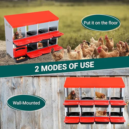 Garvee Chicken Nesting Boxes, 8 Hole Metal Chicken Laying Box with Removable Trays for Chicken Coop, Red - color: red, size: 8 grids