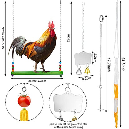 Gejoy 6 Pieces Chicken Toys for Coop Accessries Wooden Stand Mirror with Bells Coop Swing Veggies Fruit Skewer Vegetable Hanging Feeder Chewing Foraging Toys for Chicken