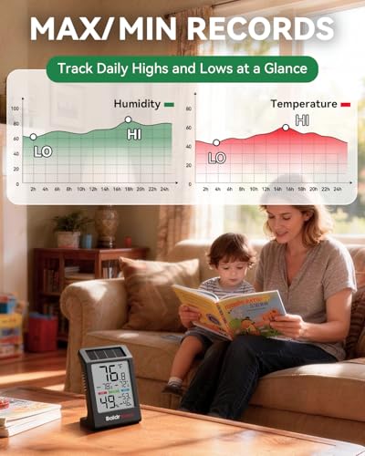 BALDR Indoor Thermometer Hygrometer, Solar Power with Battery Backup, Large Display, Daily Max/Min & Comfort Indicator Humidity Meter（Black） - color: Black