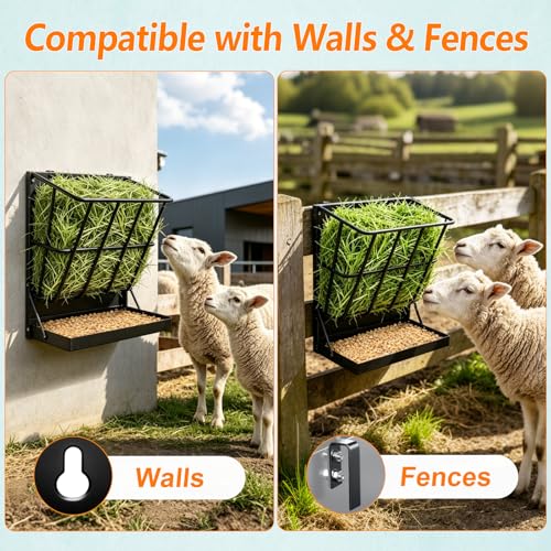 2-in-1 Wall Mount Goat Hay Feeder Rack with Grain Tray, Heavy-Duty Galvanized Steel Livestock Feeder for Goats Sheep Horses - color: Black