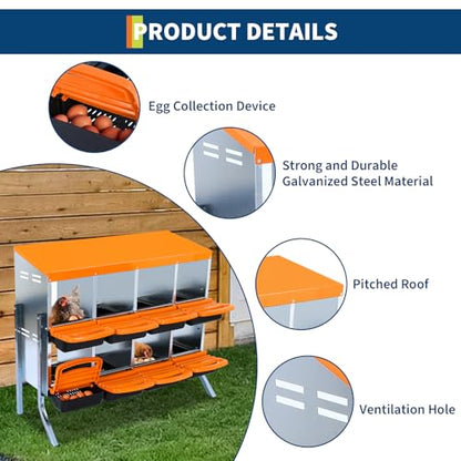 8-Hole Chicken Nesting Box, 2-Tier 8 Compartment Metal Roll Away Egg Laying Box with Lid & Legs, Easy Egg Collection, Galvanized Steel Rustproof Poultry Laying Boxes for Hens, Ducks, Farm, Yard - size: 8 holes with legs-Orange