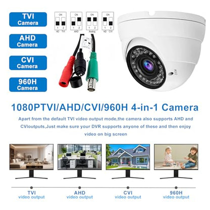 2MP CCTV Camera HD 1080P 4-in-1 (TVI/AHD/CVI/960H/CVBS) Security Dome Camera, 2.8-12mm Varifocal Lens Analog Video Surveillance, Wide Angle Viewing Day & Night Indoor Outdoor Waterproof (White) - color: White