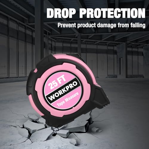 WORKPRO 25FT Pink Tape Measure, 1/8 Fractions Easy Read Measuring Tape, Retractable Nylon Coating Measurement Tape Accuracy 1/32, Magnetic Hook, Belt Clip, Rubber Protective Casing - Pink Ribbon - color: Pink, size: 7.6 m
