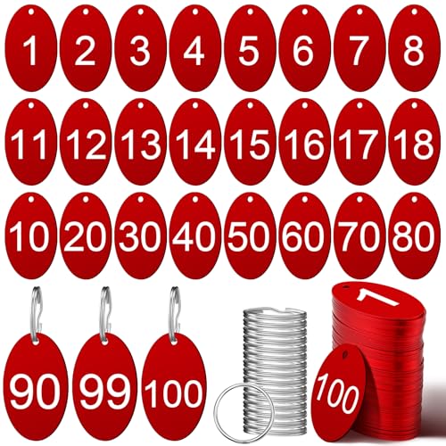 MorningRo 100 Pcs Aluminum Number Tags with Key Rings Number 1-100 Metal Key Tags for Identification Hotel Dormitory House Lockers(Red,Round) - color: Red, size: Round