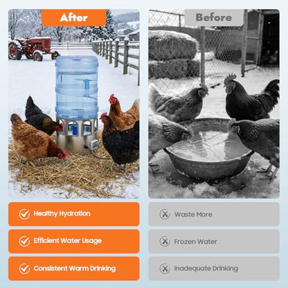 Chicken Water Heater 5 Gal, Heated Poultry Waterer Bowl for Ducks Geese | 80W Adjustable Temperature 32-122°F, Stainless Steel with LED Display & 9 Drinking Windows for Outdoor Livestock