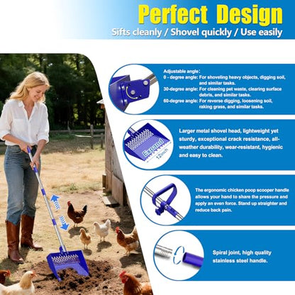 2-in-1 Chicken Poop Scooper & Rake 12-Inch Large Metal Shovel Head Adjustable Stainless Steel Handle (24 to 64") Litter Sifting Shovel Cleaning Tools for Chicken Run, Animal Farm (Blue) - color: Blue