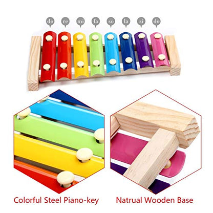 Chicken Xylophone Toy for Hens Suspensible Wood Xylophone Toy with 8 Metal Keys Chicken Coop Pecking Toy with Grinding Stone (Rainbow Color)