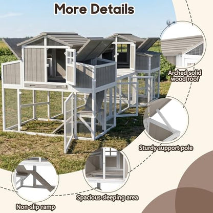 Extra Large Connected Chicken Coop with Center Run for 6–10 Chickens, Dual Wooden Hen Houses, 2-Tier Elevated Design, Nesting Boxes, Pull-Out Tray, Reinforced Frame, Grey - color: Grey