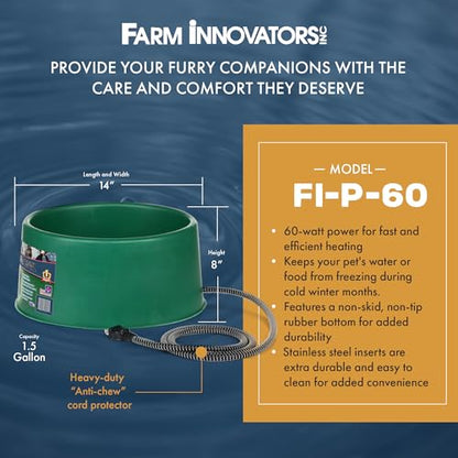 Farm Innovators P-60 1.5 Gallon 60 Watt Electric Heated Pet Water Bowl with Thermostatic Control and Anti Chew Cord, Green (2 Pack) - size: 6 Qt
