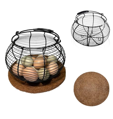 Egg Basket for Gathering Fresh Eggs, Retro Handle Egg Gathering Basket with Mat, Metal Egg Holder Countertop, Chicken Egg Basket for Farmhouse - color: Black