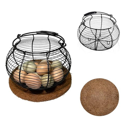 Egg Basket for Gathering Fresh Eggs, Retro Handle Egg Gathering Basket with Mat, Metal Egg Holder Countertop, Chicken Egg Basket for Farmhouse - color: Black