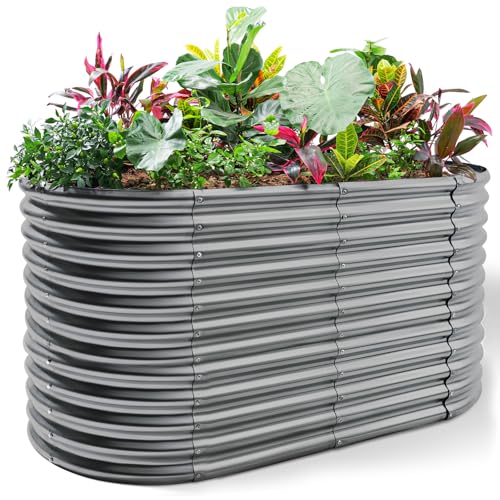 Land Guard 8x4x3ft Oval Galvanized Raised Garden Beds, Large-Capacity Metal Planter Box Outdoor, Durable Deep Raised Garden Bed 3ft Tall, Raised Beds for Gardening Vegetables, Modern Gray - color: Modern Gray, size: 8x4x3ft