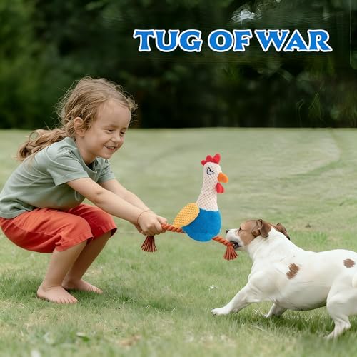 Plush Chicken Dog Toy with Squeaker, Interactive Rope Legs, Colorful Textured Rooster Chew Toy for Small, Medium Dogs, Tug-of-War, Fetch - color: Blue Rooster