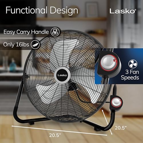 Lasko 20" Black High Velocity Wall Mount Fan with Pivoting Head - 3 Speeds, Ideal Wall Mount Fan or Floor Fans for Home, Garage, Attic, 2264QM - color: Black Silver
