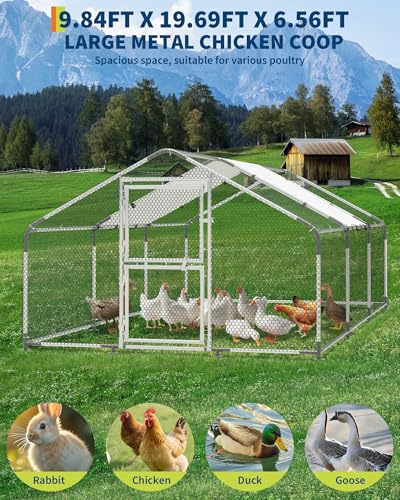 Large Metal Chicken Coop, 9.8' W x 19.7' L x 6.6' H Walk-in Poultry Cage, Chicken Run Pen House with Waterproof & Anti-Ultraviolet Cover & Lockable Doors for Outdoor