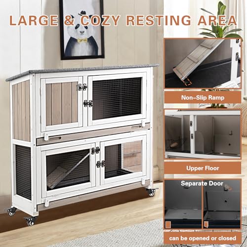 Gowoodhut 36" L Rabbit Hutch Indoor Wooden 2 Story Bunny Hutch Rabbit Cage Outdoor Bunny Cage on 4 Metal Wheels and 2 Deeper Pull Out Trays, Ramp, Guinea Pig Pet House for Small Animals, Grey - size: 36.0"L x 17.7"W x 36.2"H