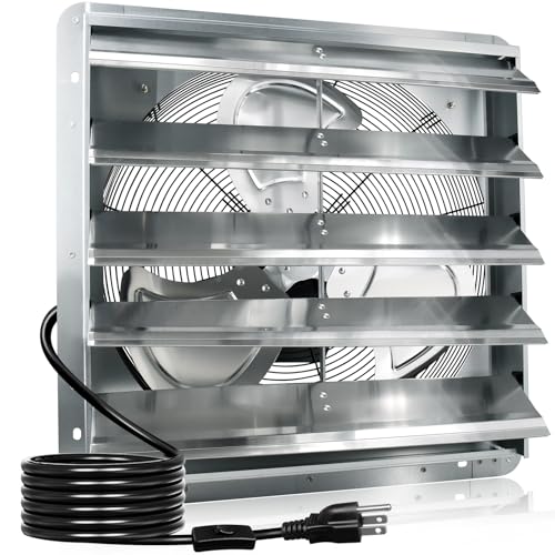 Hiorucet 20 Inch Shutter Exhaust Fan Wall Mounted, 3500CFM High Speed Low Noise Aluminum Louvered Exhaust Fan with 1.8m Power Cord for Greenhouse, Garage, Shop, Attics, Chicken Coop Ventilation Fan. - size: 20'' Exhaust Fan