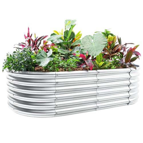 Land Guard 4×2×1.5ft Galvanized Raised Garden Bed Kit, Galvanized Planter Garden Boxes Outdoor, Oval Large Metal Raised Garden Bed for Vegetables……… (Classic Silver - color: Classic Silver, size: 4×2×1.5ft