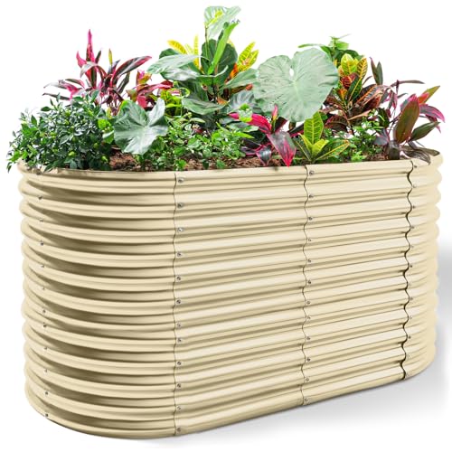 Land Guard 8x4x3ft Oval Galvanized Raised Garden Beds, Large-Capacity Metal Planter Box Outdoor, Durable Deep Raised Garden Bed 3ft Tall, Raised Beds for Gardening Vegetables, Cream Yellow - color: Cream Yellow, size: 8x4x3ft
