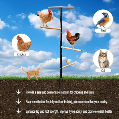 Large Chicken Perch Toys for Coop,Wooden Chicken Roosting Bars with 3 Legs Metal Ground Plug,1.25-Inch Thickened Steel Pipe, Improved and Upgraded Design of Wooden Pole Embedded in The Steel Pipe