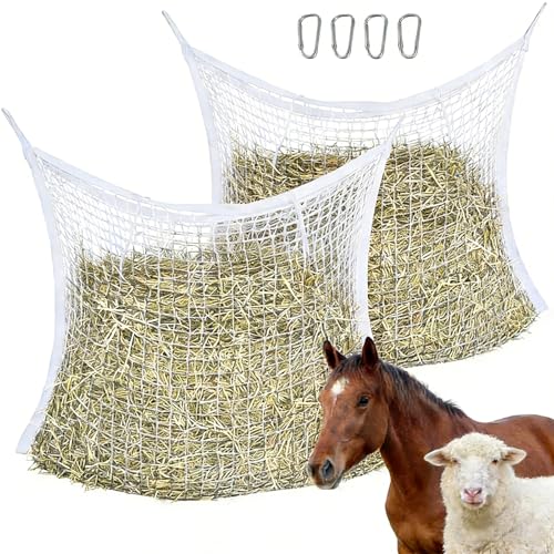 2PCS Horse Slow Feeder Hay Net-35" x 47" Heavy-Duty Hay Bag, Polyester Mesh with Polypropylene Edges, Ideal Feeder for Horses, Ponies, Goats, Sheep & Donkeys | Perfect for Trailers (White, 35x47inch) - color: White, size: 35x47inch
