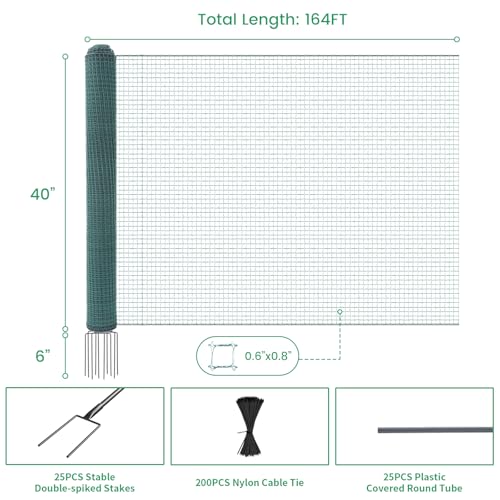 Non Electric Fence Netting 40" x164', Boundary Fence with Double Spiked Posts, Portable Poultry Fence All-Purpose Fencing for Dogs, Chickens, Ducks, Turkeys Suitable in Backyard, Garden, Farm