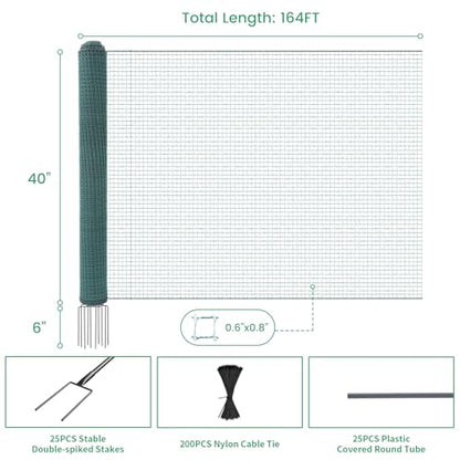 Non Electric Fence Netting 40" x164', Boundary Fence with Double Spiked Posts, Portable Poultry Fence All-Purpose Fencing for Dogs, Chickens, Ducks, Turkeys Suitable in Backyard, Garden, Farm