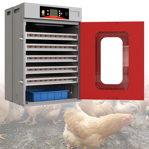 Commercial Digital Egg Incubator, 400-Egg Capacity, 360° Auto-Turning System with Digital Control, Red and Gray Cabinet, Temperature and Humidity Monitoring