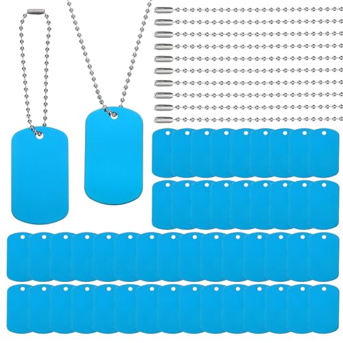 PATIKIL 100 Pcs Blank Dog Tags Set, Including 50 Pcs Aluminum Metal Stamping Rectangle Label 50 Pcs Ball Steel Chain for DIY Decor Laser Engraving Necklace, Light Blue - color: Light Blue