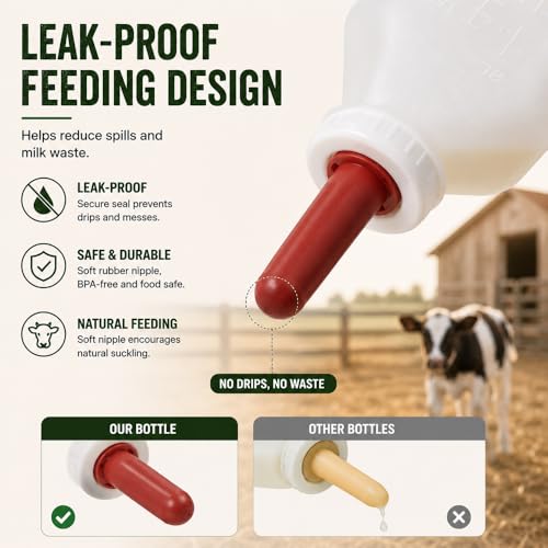 Calf Feeding Bottle with Screw Replacement Nipple, 2 Quart Heavy Duty Calf Milk Feeder with Handle, Leakproof Nursing Bottle for Calves, Lambs & Goats, Livestock Feeding Supplies (White)