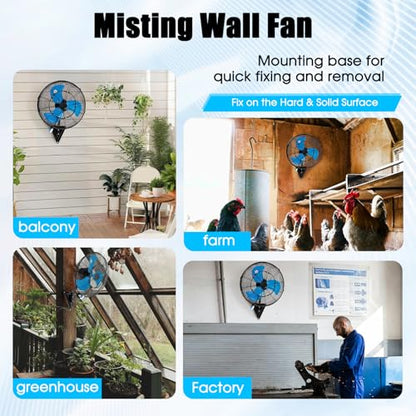 20 Inch Wall Mount Fan with Mist, Powerful Airflow Oscillating Fans | Max 7100CFM Heavy Duty Industrial Wall Mounted Fan with 17.5FT Misting Hose for Garage, Factory, Patio, Greenhouse, Porch - color: 20" Blue-Misting