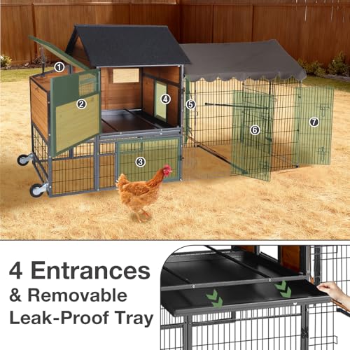 85.6" Chicken Coop with Wheels and Large Run, Heavy Duty Metal Frame Wooden Hen House for 4-6 Chickens, Mobile Poultry Cage with 3 Nesting Boxes, Waterproof Asphalt Roof & Anti-Predator Locks - color: Orange