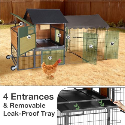 85.6" Chicken Coop with Wheels and Large Run, Heavy Duty Metal Frame Wooden Hen House for 4-6 Chickens, Mobile Poultry Cage with 3 Nesting Boxes, Waterproof Asphalt Roof & Anti-Predator Locks - color: Orange