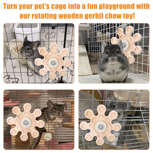 Rotating Natural Wood Chinchilla Chew Toys, Interactive Enrichment Rat Enrichment Toys for Teeth Grinding, Hanging Exercise Chinchilla Cage Accessories Wheel for Hamster Guinea Pig (6.3 in)