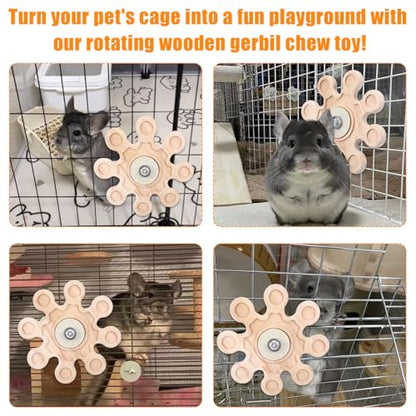 Rotating Natural Wood Chinchilla Chew Toys, Interactive Enrichment Rat Enrichment Toys for Teeth Grinding, Hanging Exercise Chinchilla Cage Accessories Wheel for Hamster Guinea Pig (6.3 in)