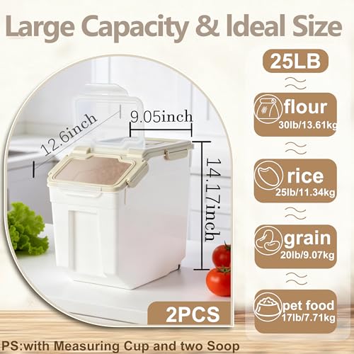 RUIAN 2Pcs Large Flour Storage Container Bin 25Lb Airtight Rice Storage Containers with Wheels Seal Locking Lid, BPA Free with Measuring Cup&Scoop for Flour, Rice, Grain (Gray) - color: Gray 2Pack 25Lb